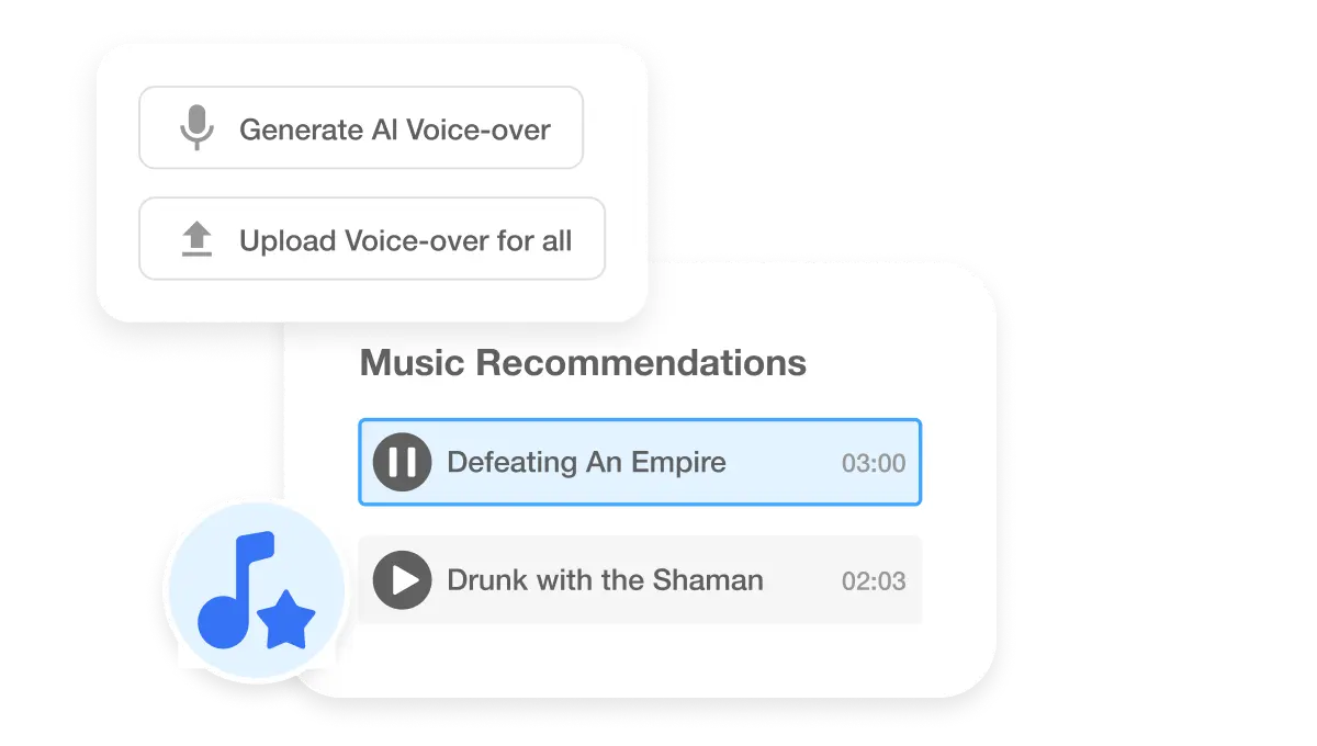Screen Step Recorder interface with options to generate AI voice-over and music recommendations to finalize a customer support guide